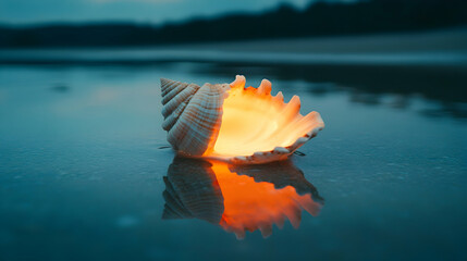 Wall Mural - A seashell glows with warm light while reflecting on the water.