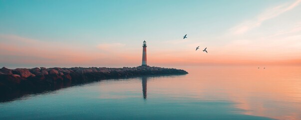 Minimalist Serene Lighthouse by the Sea with Seagulls and Calm Waters