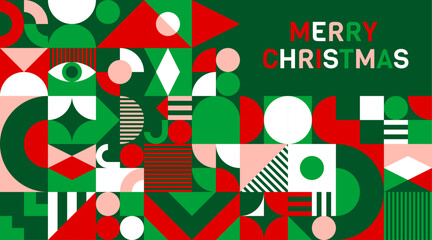 Aufkleber - Merry Christmas banner with abstract modern geometric pattern, vector background. Christmas holiday greeting with pattern of winter mosaic of geometric green, red and white shapes and figures