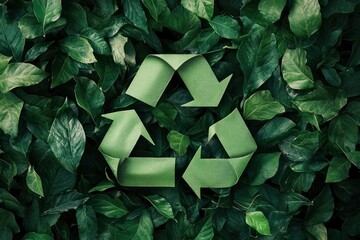 Wall Mural - A symbol of waste recycling with green leaves. Environmental protection concept with leaves background. A top view of a recycling symbol covered by green paper. Save planet, eco, recycling concept, ai