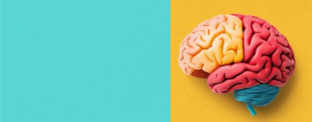 Colorful 3D brain illustration on bright yellow and teal background.