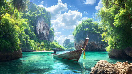 Longtail boat anchored in a turquoise lagoon with dramatic limestone cliffs and lush jungle.