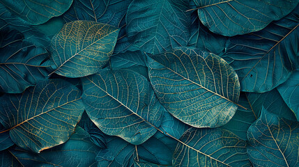 Poster - Teal and gold leaves arranged in a pattern.