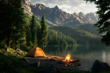 Wall Mural - A serene campsite nestled by a mountain lake, with a warm campfire and a tent.