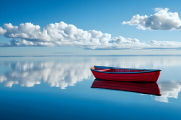 Wall Mural - A red rowboat sits on the calm water of a lake under a blue sky with white clouds.