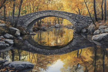 Wall Mural - Stone bridge reflecting in a calm stream, autumn foliage.