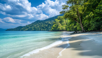 Wall Mural - Tranquil beach with turquoise water, white sand, and lush green foliage.