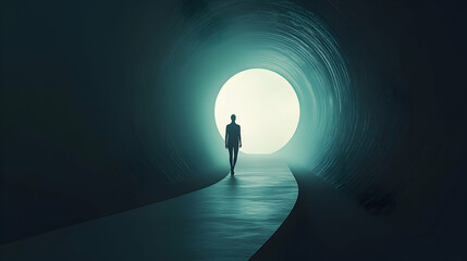 Silhouette of a person walking towards a bright light at the end of a dark tunnel.