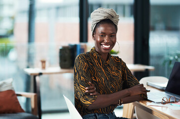 Poster - Office, desk and portrait of black woman with smile for writing career, confidence and creative job. Journalist, turban and happy with laptop at company for publishing, editor and magazine in Kenya