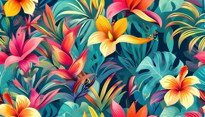 Wall Mural - Vibrant Tropical Floral Design with Abstract Botanical Elements in a Seamless Pattern