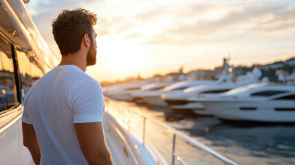 A man is stepping off yacht docked at luxury marina, enjoying beautiful sunset. scene captures moment of relaxation and tranquility by water