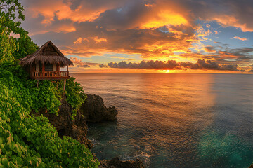 Wall Mural - A small wooden cabin with a thatched roof stands on a cliff overlooking the ocean at sunset.