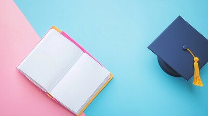 Blank white book open white paper and a pair black shoes top of view blue background