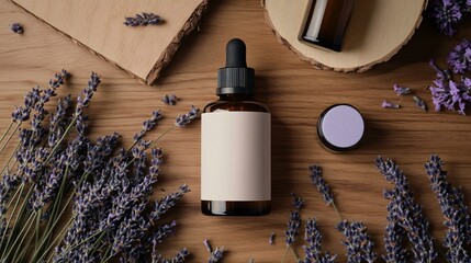 Wall Mural - Essential oil bottle, lavender flowers, and a jar on a wooden surface.