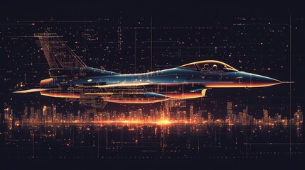 Poster - A futuristic jet fighter flying over a glowing cityscape.  The aircraft is rendered in a wireframe s