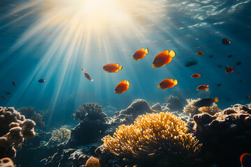 Underwater scene with colorful fish swimming over coral reef.