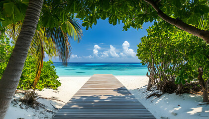 Wall Mural - Wooden walkway leading to a beautiful beach in the tropics.