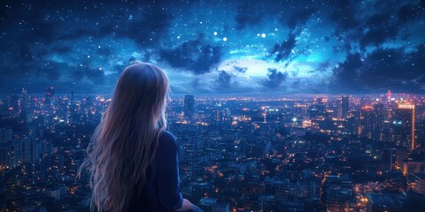 A girl gazes at a stunning starry sky above a vibrant city, evoking feelings of wonder and contemplation.