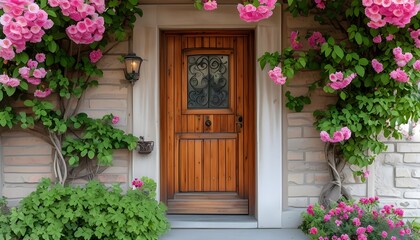 Charming Wooden Door Adorned with Beautiful Flower Blossoms in Front of House or Apartment