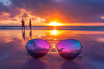 Wall Mural - Sunglasses on a beach reflecting a colorful sunset.