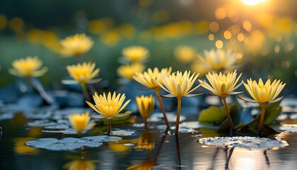 dreamy morning wildflower pond with yellow waterlilies and soft bokeh, capturing the essence of spring and summer in nature