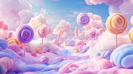 39. Abstract candyland background in soft pastel shades, with whimsical and surreal elements forming a vibrant and sweet fantasy landscape devoid of people