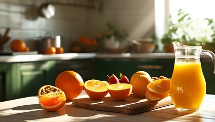 refreshing orange juice and fresh fruit on a kitchen table surrounded by morning sunlight in a tranquil atmosphere