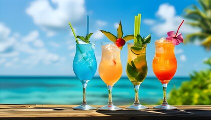 Vibrant summer cocktails basking in sunlight with a stunning tropical paradise backdrop of blue seascape