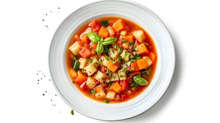 Wall Mural - Vibrant vegetable soup garnished with fresh basil and black pepper