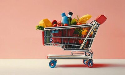 Online shopping concept - trolley cart full of presents. Black Friday and Ciber Mondey.