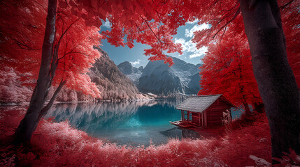 Wall Mural - Serene mountain lake framed by vibrant red trees and a rustic wooden cabin.