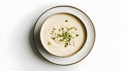 Wall Mural - Creamy potato soup garnished with fresh chives in a rustic bowl