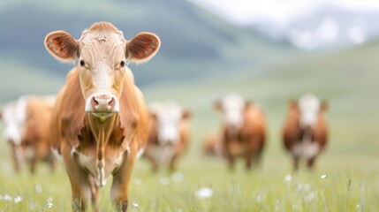 Curious calf in lush pasture, vibrant green meadow with grazing herd in the background, mountains softly fading into the distance, gentle springtime atmosphere.