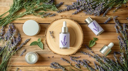 Wall Mural - Lavender essential oil bottles and jars with cream on a wooden background.