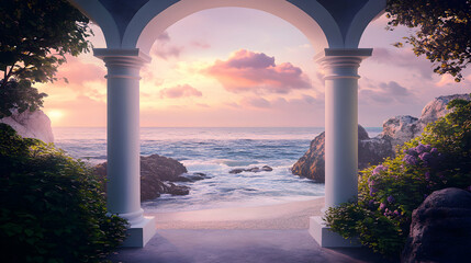 Wall Mural - A view of a beautiful sunset over the ocean through an arched doorway.