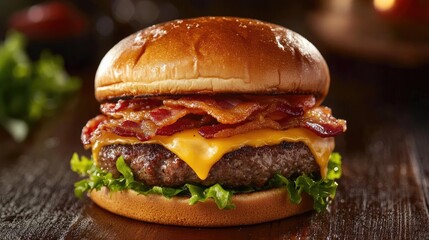 Burger with juicy patty, melted cheese, and crispy bacon.