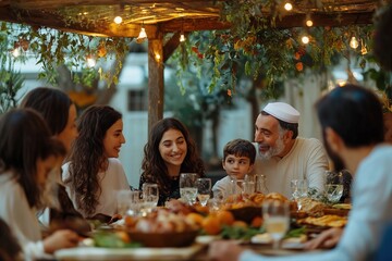 family enjoying outdoor festive meal with warm lights