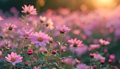 dreamy bokeh morning in a pink Chrysanthemum wildflower field, showcasing the beauty of nature in spring and summer with serene copy space