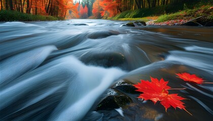 Wall Mural - Serene Autumn River Flow Surrounded by Lush Forest and Vibrant Red Maple Leaves