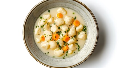 Wall Mural - Creamy white plate of gnocchi soup with carrots and herbs on a rustic ceramic bowl