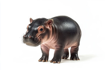 a baby pygmy hippo who standing on isolated white background.