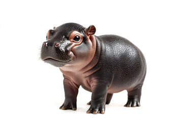 a baby pygmy hippo who standing on isolated white background.