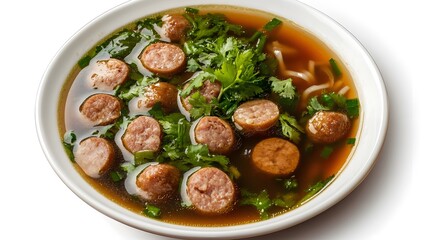 Wall Mural - Delicious meatball noodle soup garnished with fresh herbs in white bowl