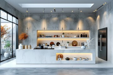 Sticker - A kitchen with a white counter and a black refrigerator