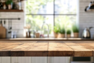 Wall Mural - Brown wood table top over blurred kitchen counter interior background with window , ai