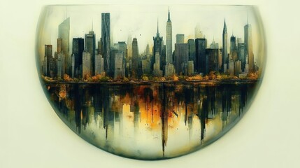 Wall Mural - Artistic city skyline reflected in a semi-circular glass shape.