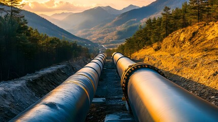 Wall Mural - A man in a yellow vest walks along a pipeline. The sky is orange and the sun is setting