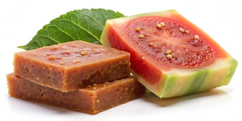 A vibrant yellow slice of goiabada, a sweet and tangy guava paste, stands apart on a clean white