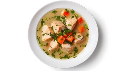 Wall Mural - Delicious salmon soup with vegetables and herbs in a white bowl