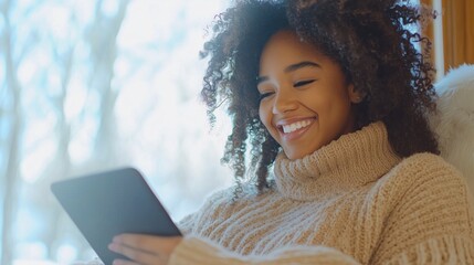 Cozy African-American Woman Using Tablet in Winter